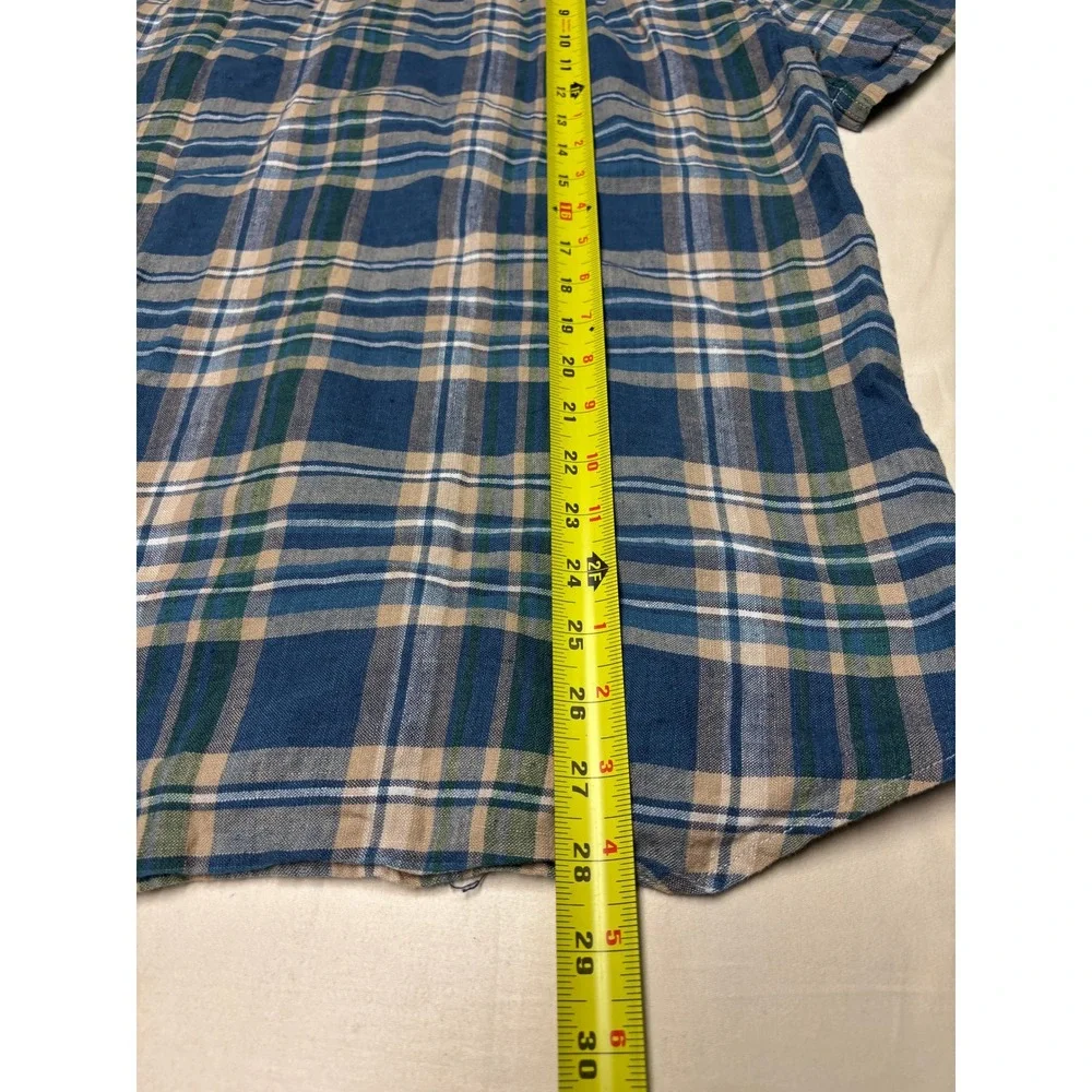 J. Crew Slim Fit Linen Cotton Plaid Short Sleeve Shirt Blue Green BP972 Mens M